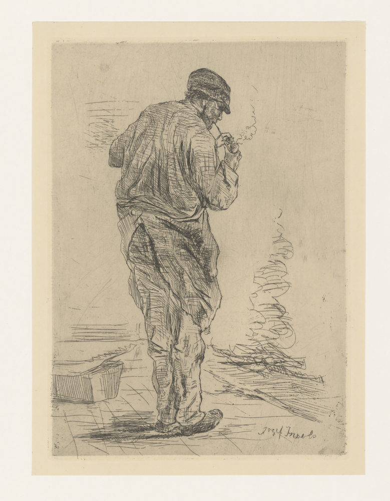 Timmerman die zijn pijp aansteekt