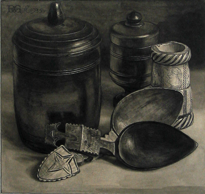 Stilleven met drie potten en twee houten lepels