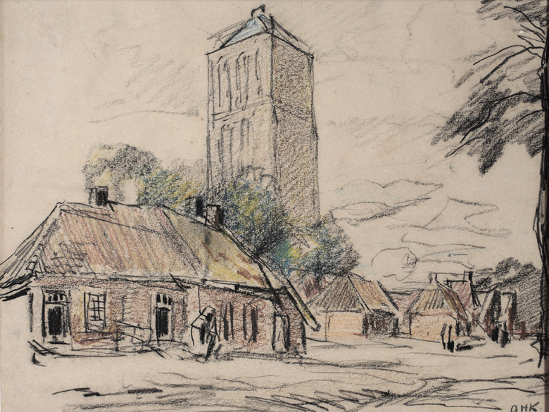 Kerktoren van Veere (?) en boerenhuizen