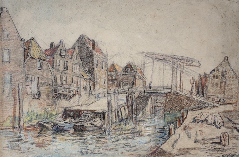 Ophaalbrug en oude huizen bij stadsgracht