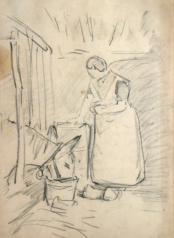 Stalinterieur met boerin en drinkend paard