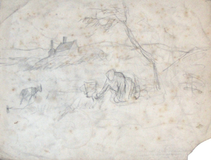 Landschap met werkende vrouw en geit