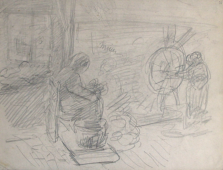 Interieurschets met vrouw op stoel