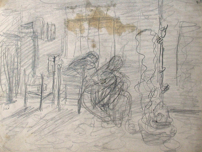 Interieurschets met man en vrouw bij raam