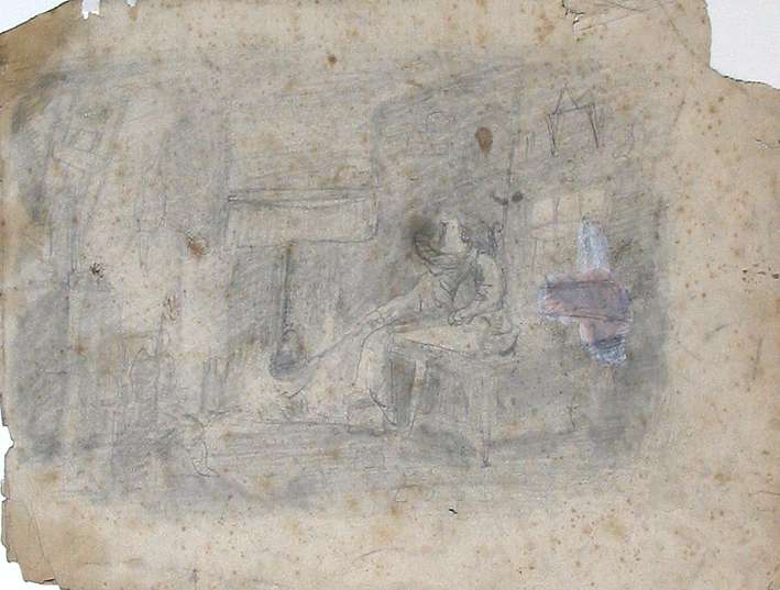 Interieur met vrouw bij tafel