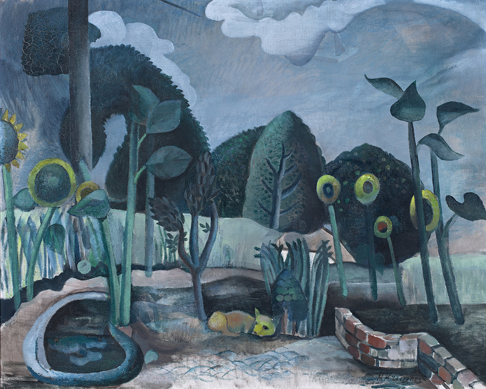 Tuin met hond en zonnebloemen