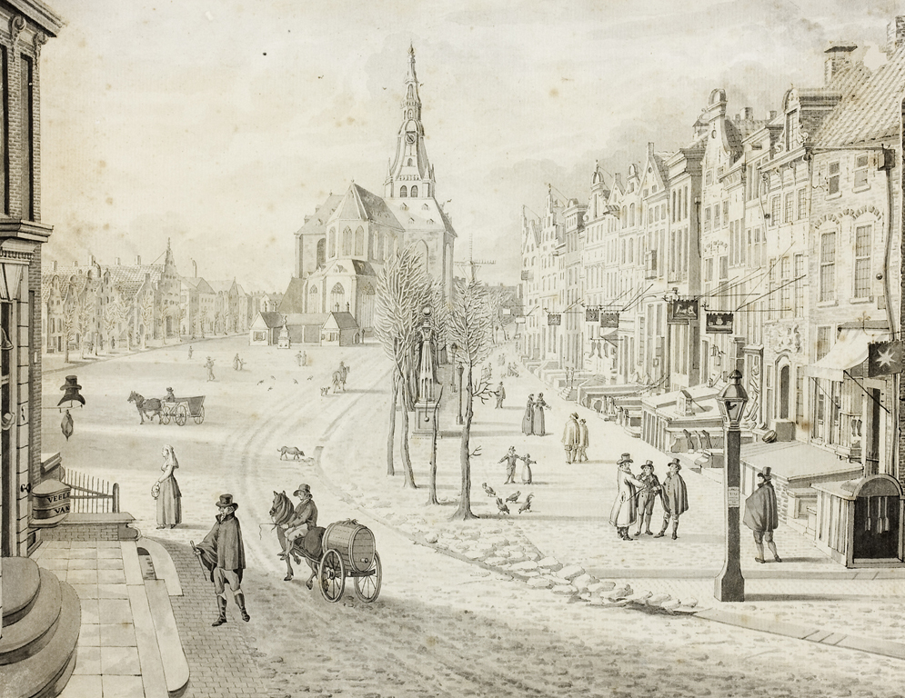 Vismarkt gezien vanuit Tussen beide Markten, met Akerk en korenbeurs; links een gedeelte van het huis 'De Klok'