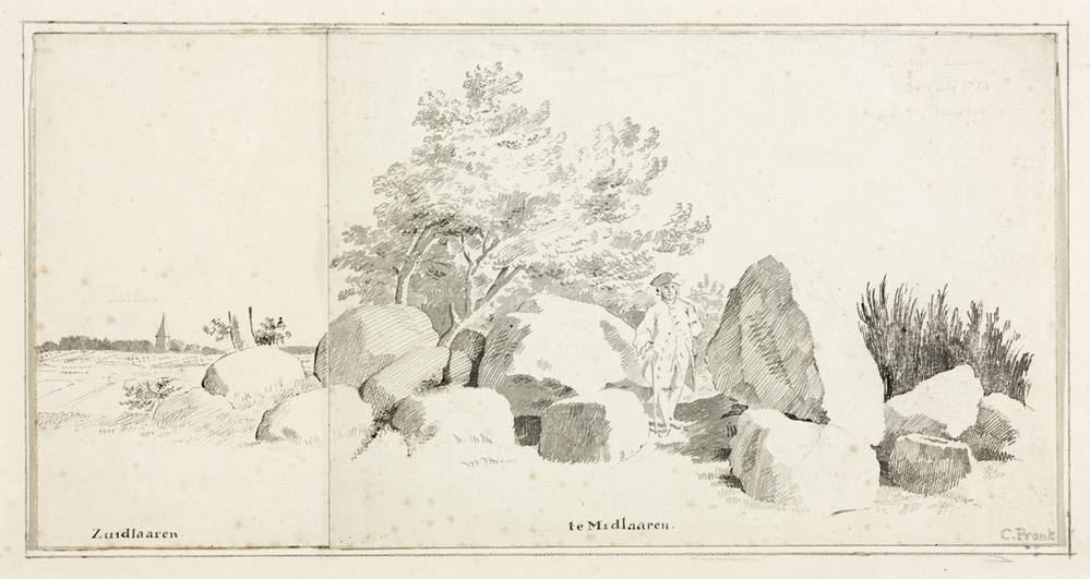 Hunebed te Midlaren, links gezicht op de toren van Zuidlaren