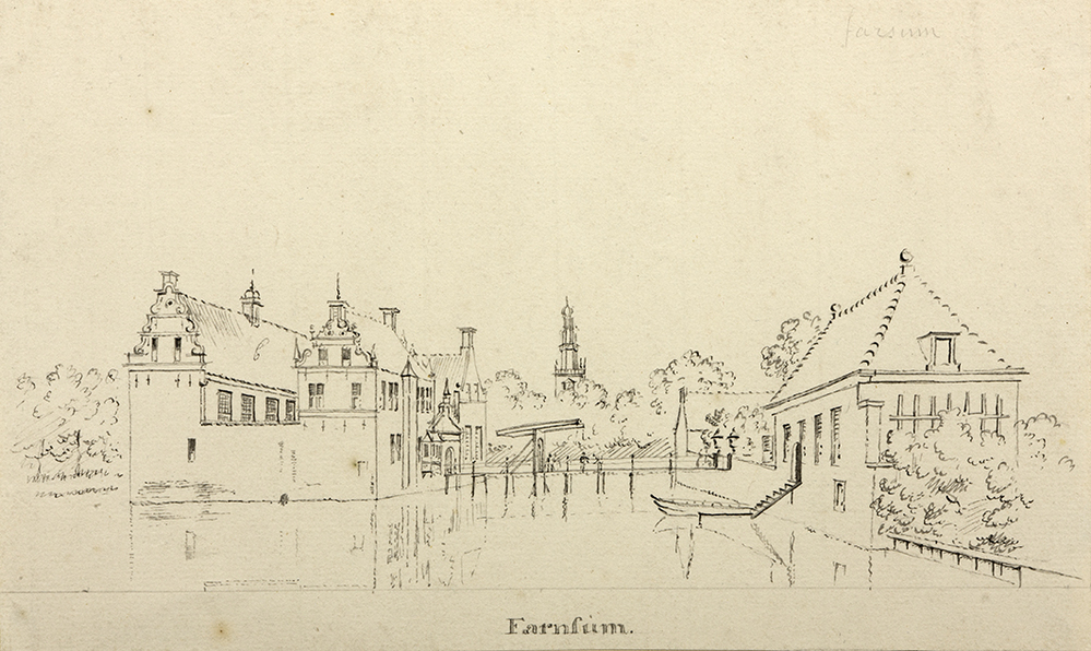 Zijaanzicht van de borg Farmsum met brug en voorhuizen (voorstudie)