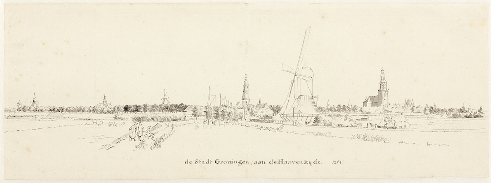 Groningen gezien vanuit het westen; op de voorgrond het Reitdiep (voorstudie)