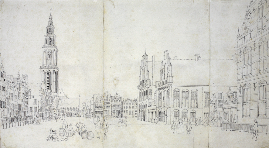 Grote Markt, noordelijk gedeelte, gezien naar het oosten; rechts het Collectehuis (Goudkantoor) en daarnaast het raad- en wijnhuis