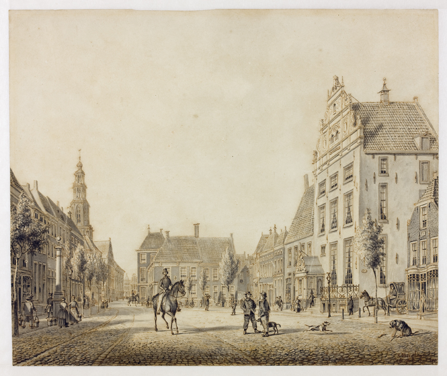 Vismarkt gezien naar het oosten; op de hoek van de Pelsterstraat oostzijde het Bontehuis, op de achtergrond het huis De Klok