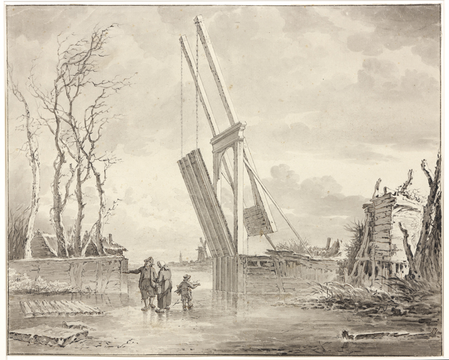 Winterlandschap met omhooggetrokken klapbrug