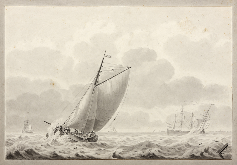 Zeestuk: op de voorgrond een botter, rechts op de achtergrond een viermaster