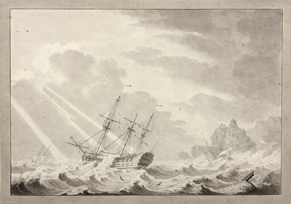 Zeestuk: op de voorgrond een driemaster, rechts een rotsachtige kust