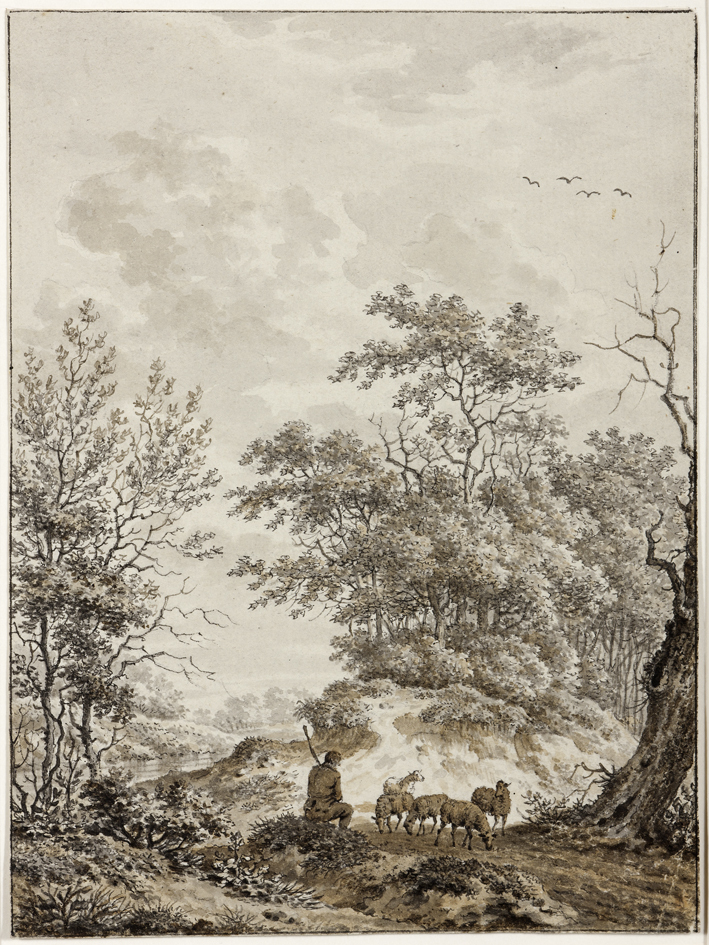 Boslandschap met schaapherder, rechts een dode boom