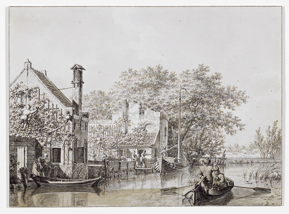 Met wingerd begroeide huizen aan een vaart