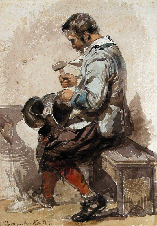 Zittende man die een helm repareert