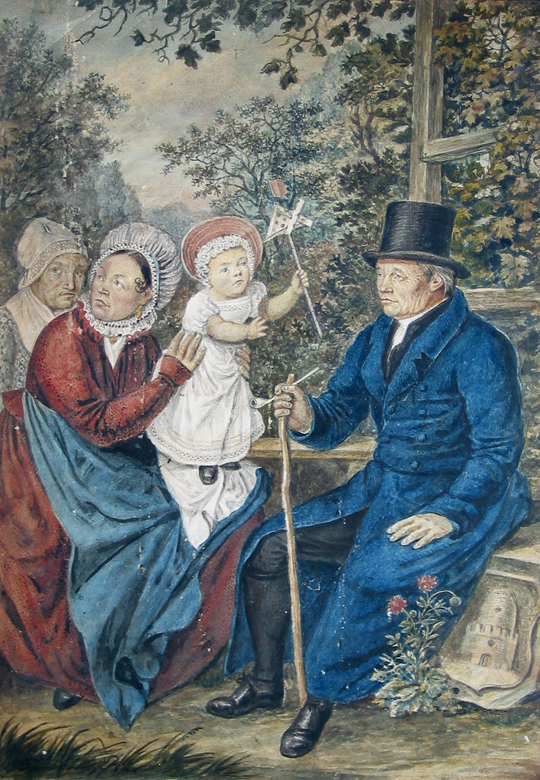 Familieportret in de open lucht: Dirk Stuckelenburg,  Maria Roos, Adriana Stuckelenburg, Maria Hendrik Tamboer