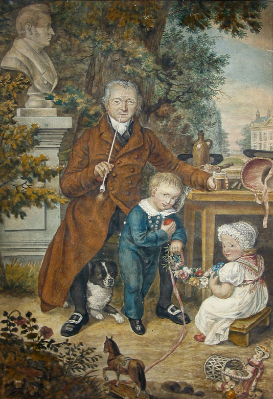 Familieportret in de open lucht: grootvader Tamboer, Gerrit Tamboer, Catharina Tamboer