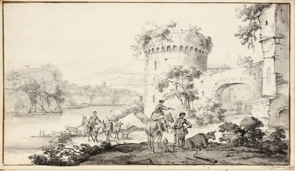 Herders in Italiaans rivierlandschap met ruïnes