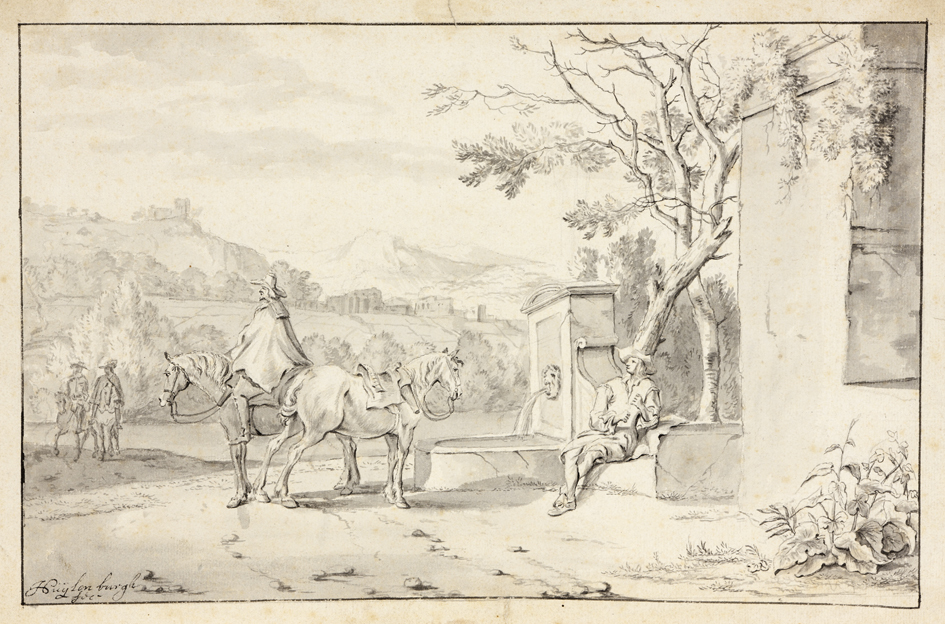 Ruiters bij een fontein