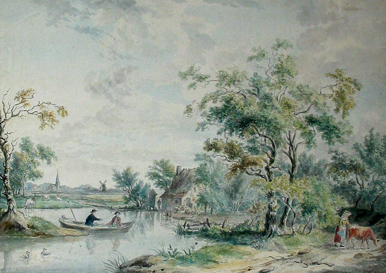 Landschap met plas en boerenhuis