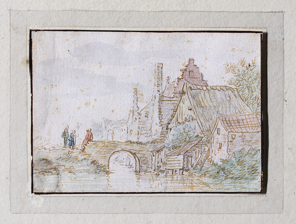 Gezicht op een rij boerenhuizen en een stenen brug