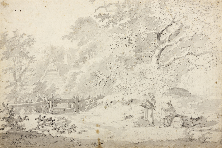 Boslandschap met houten hek en een boerderij