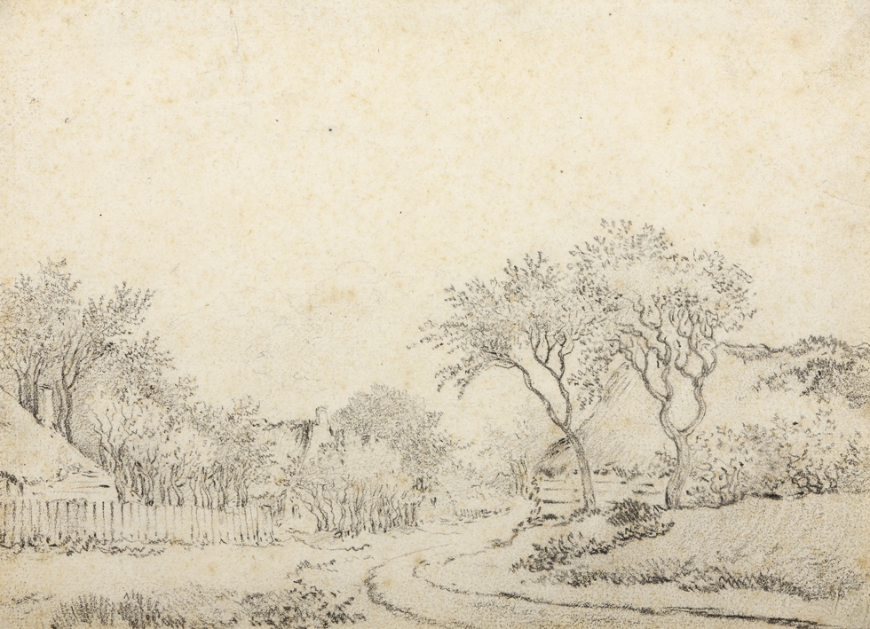 Landschap met boerderijen en een zandweg