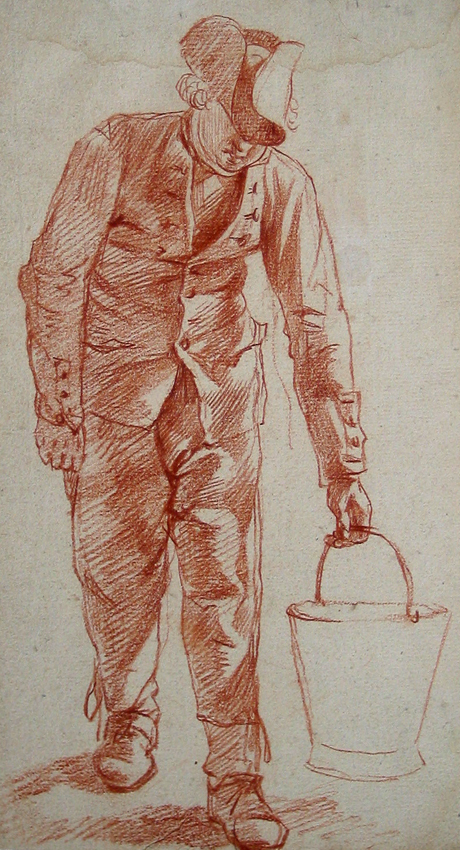 Staande man een emmer dragend