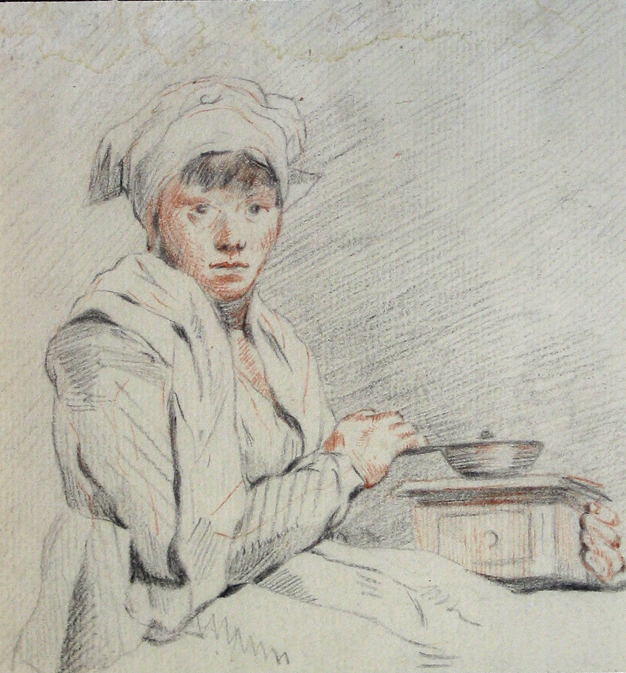 Zittend meisje met koffiemolen