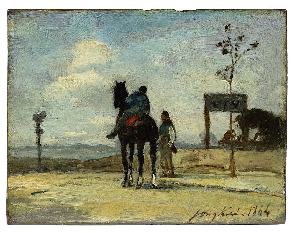 Ruiter en figuur in landschap