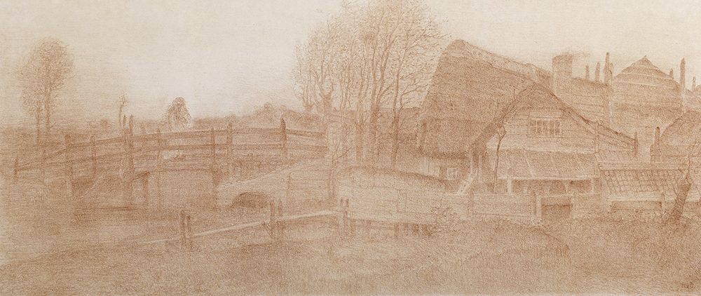 Landschap met huizen rechts