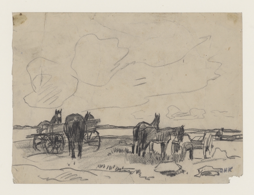 Paarden en boerenkarren op het veld