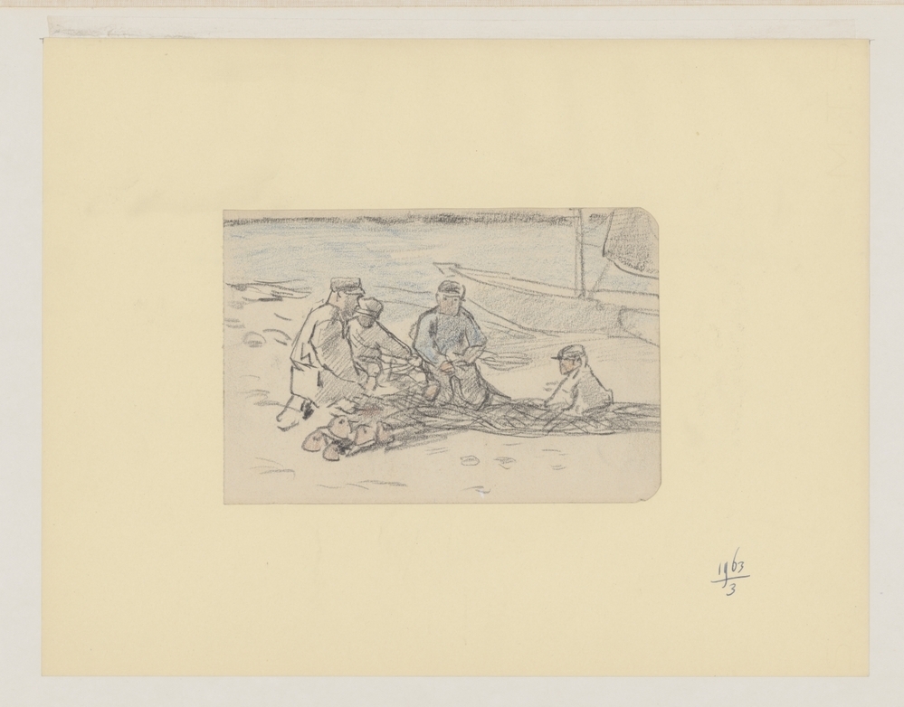 Vier vissers bezig met een net