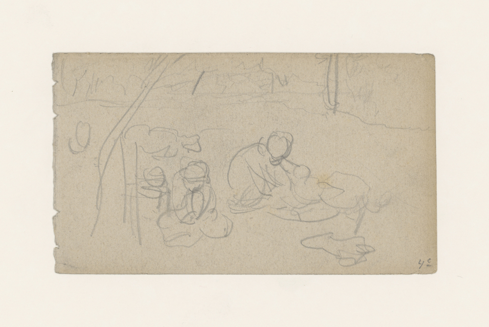 Twee menselijke figuren op boerenerf