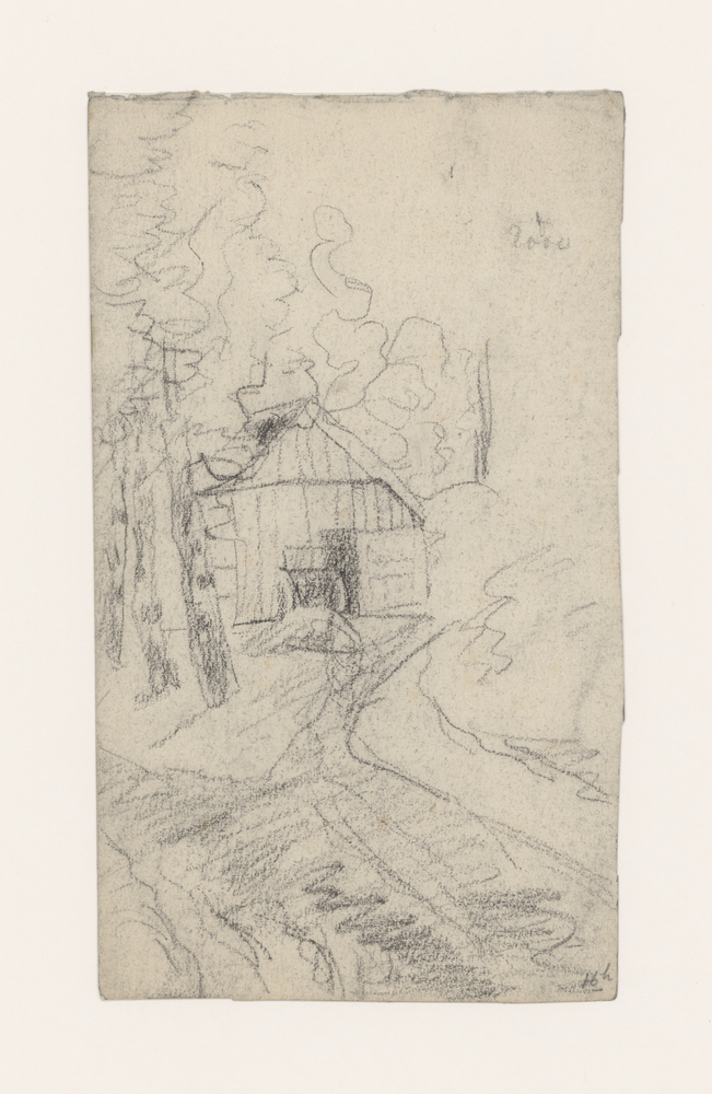 Pad met bomen en schuur