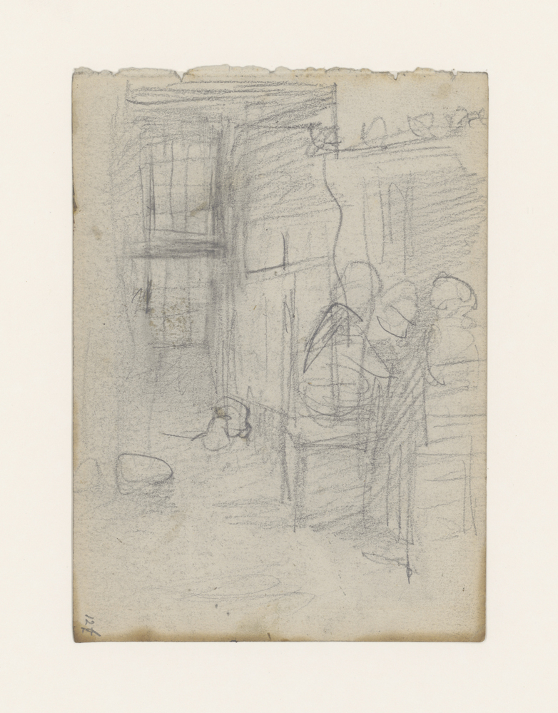 Gezin aan tafel onder een schouw