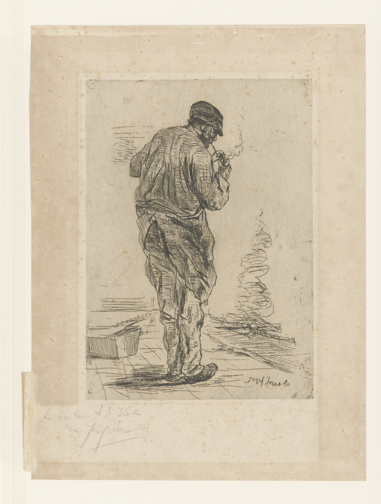 Timmerman die zijn pijp aansteekt