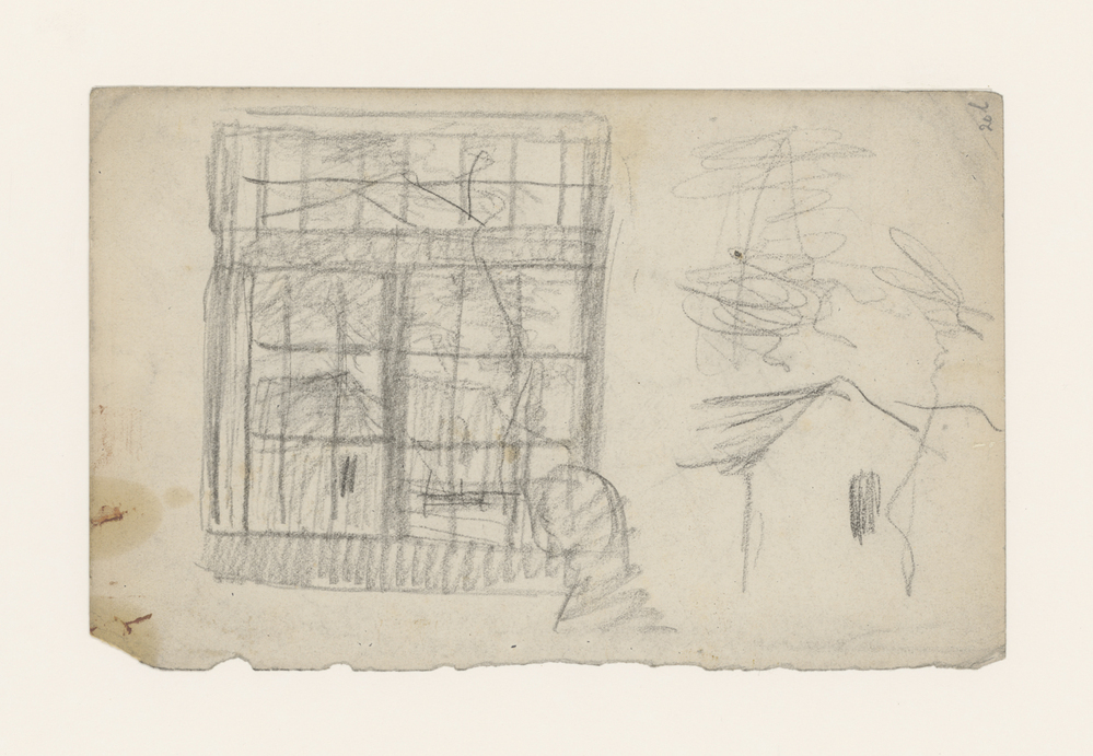 Gezicht door venster op enige huizen en geboomte