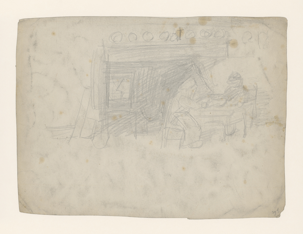 Man en vrouw bij een tafel onder een schouw