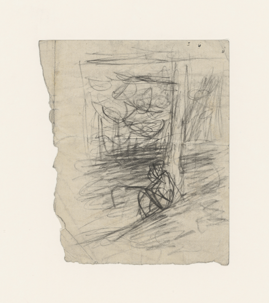 Figuur zittend tegen boom