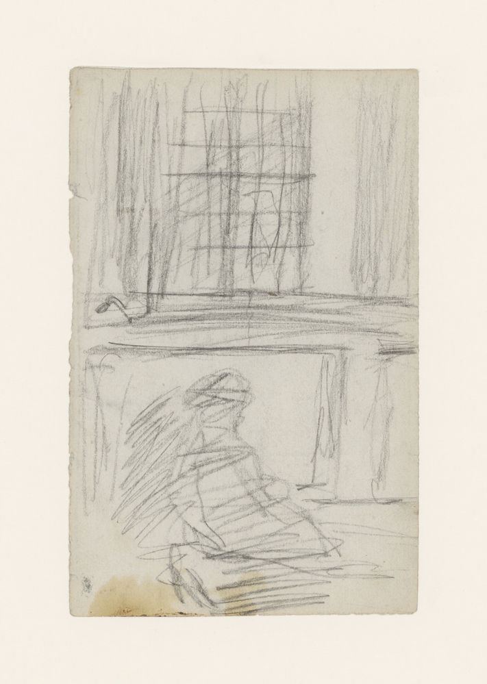 Interieur met persoon gezeten bij tafel