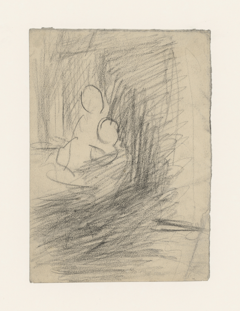 Vrouw met kind zittend in geboomte