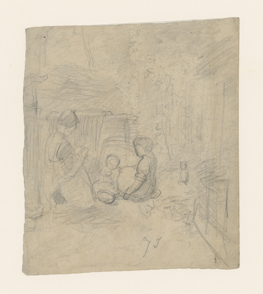 Interieur met vrouw en twee kinderen