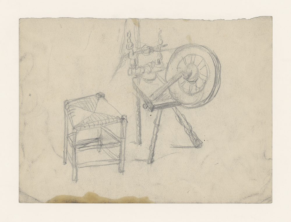Schets van een spinnewiel met kruk