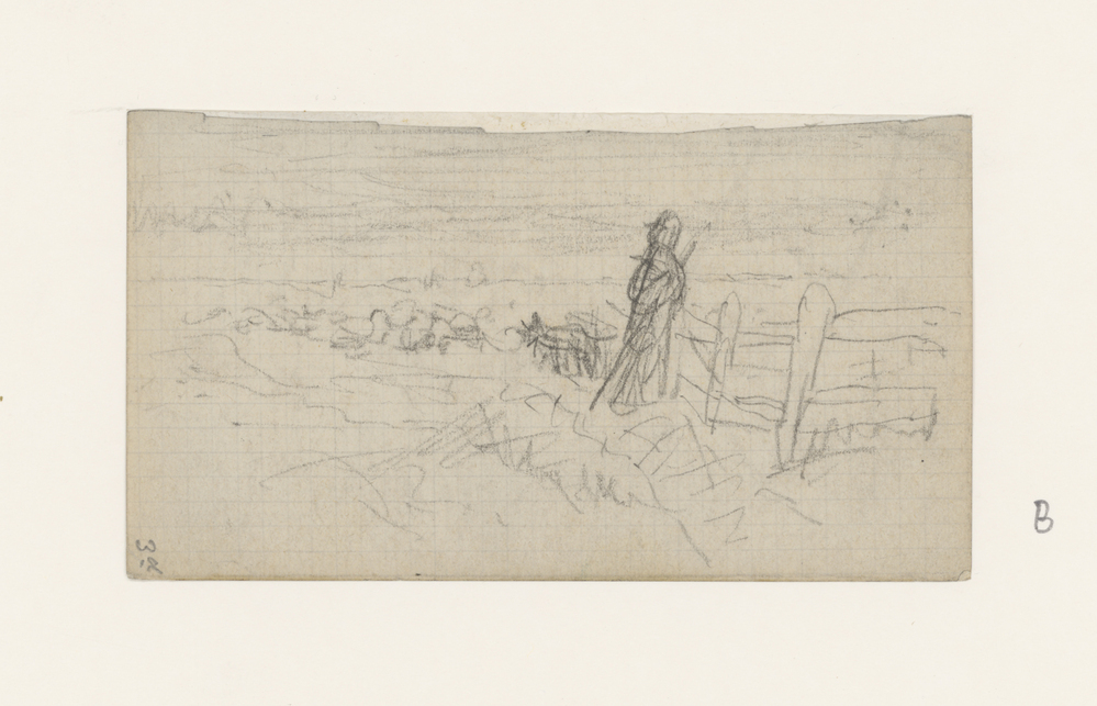 Figuur en hond in landschap