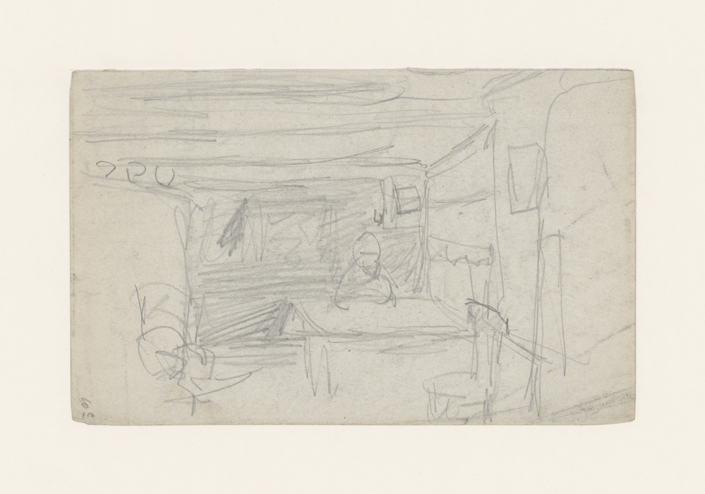 Interieur met vrouw achter tafel