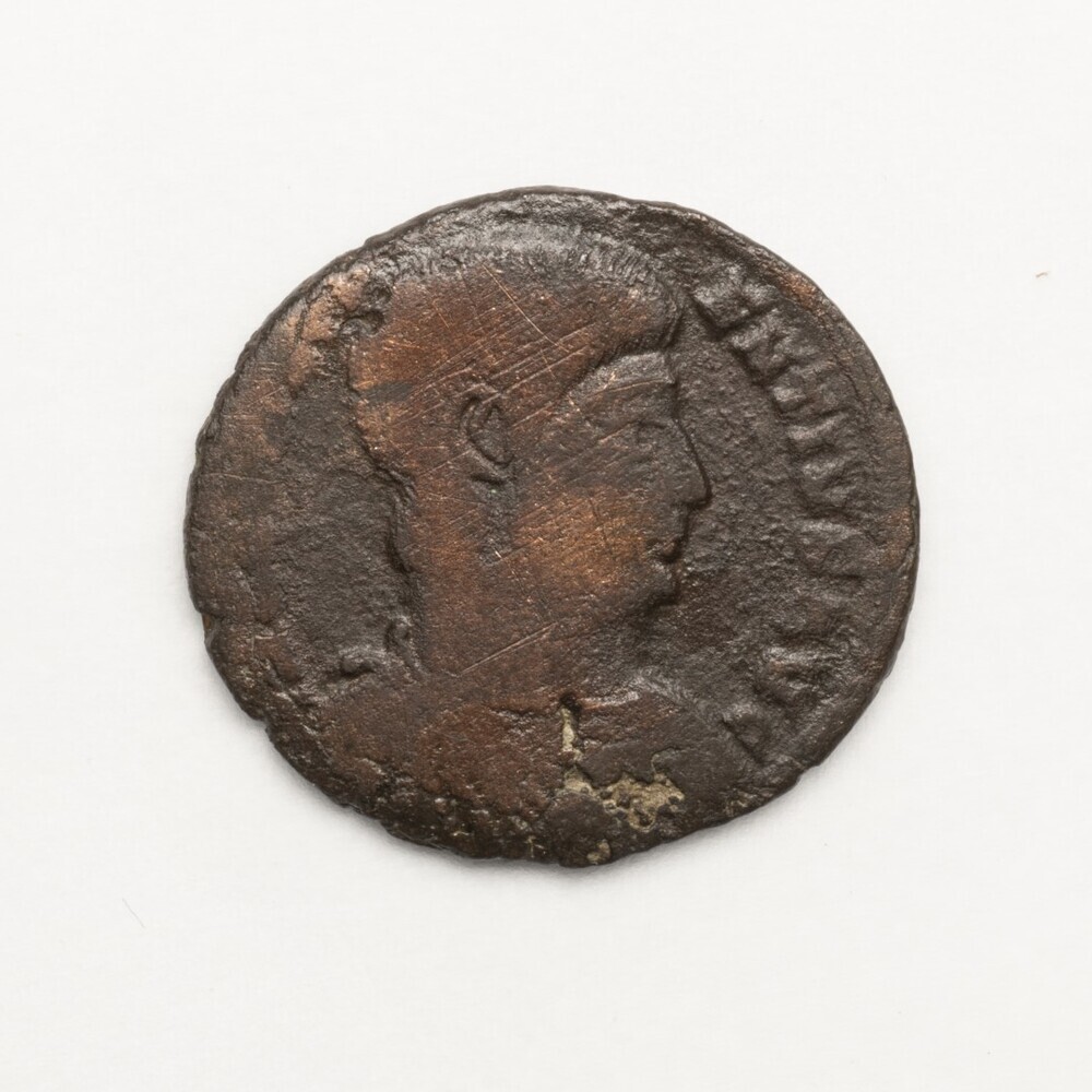 Magnentius, voorzijde kop naar rechts ; keerzijde staande keizer met standaard met christenteken, in zijn hand Victoria op een globus FELICITAS - REIPVBLICAE